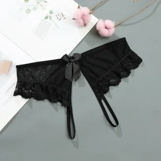 Open Crotch Lace G-string with Bowknot Decor