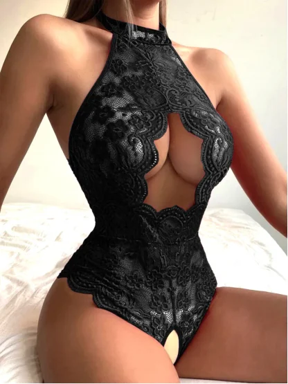 Front Cutout Bodysuit with Halter Neckline
